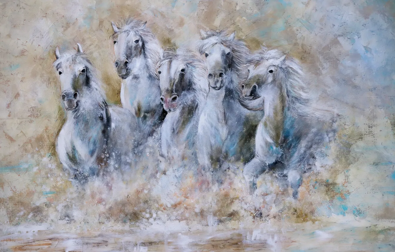 Фото обои вода, кони, лошади, табун