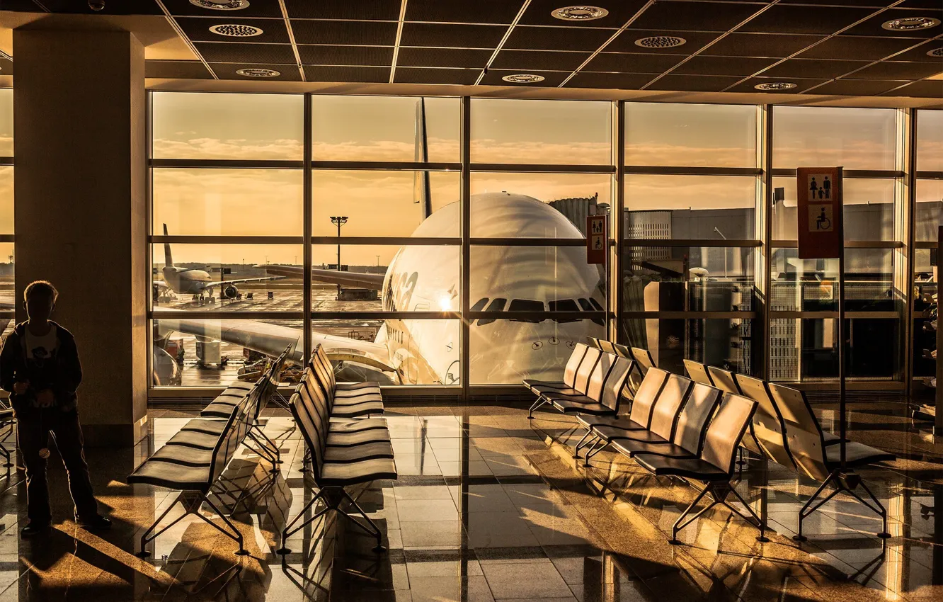 Фото обои закат, восход, Аэропорт, planes, airport, A380, Самолёт, Lufthansa