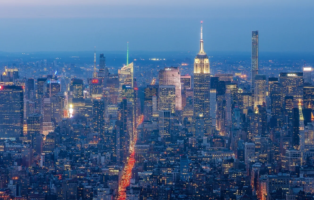 Фото обои здания, Нью-Йорк, панорама, ночной город, Манхэттен, небоскрёбы, Manhattan, New York City