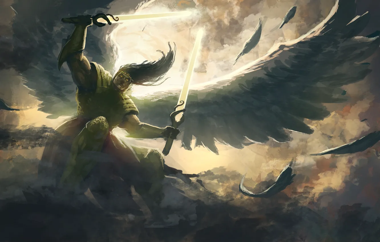 Фото обои небо, облака, крылья, ангел, меч, воин