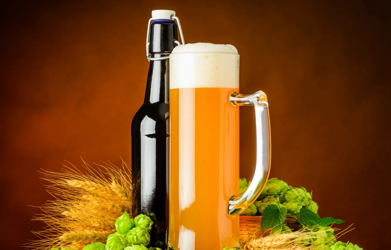 Фото обои бутылка, пиво, кружка, колосья, хмель