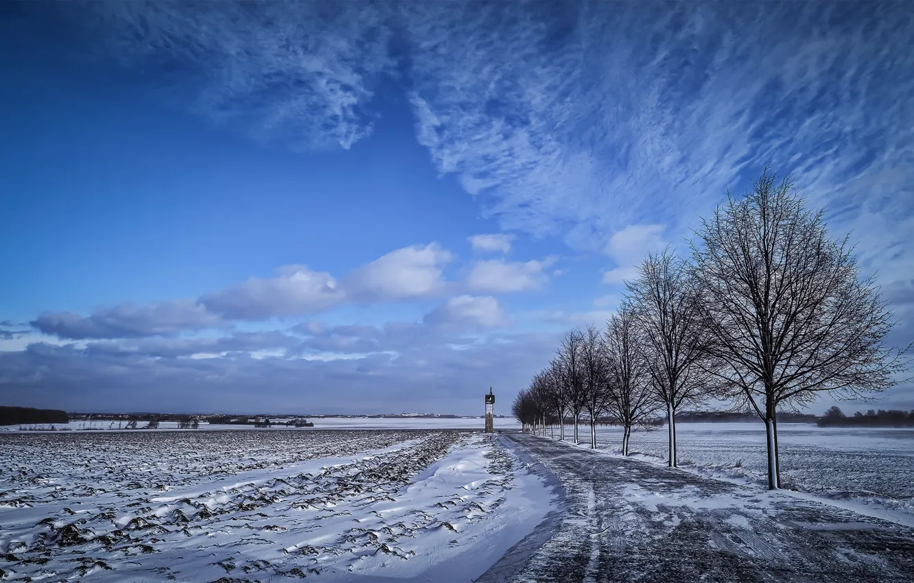 Фото обои зима, дорога, поле, природа