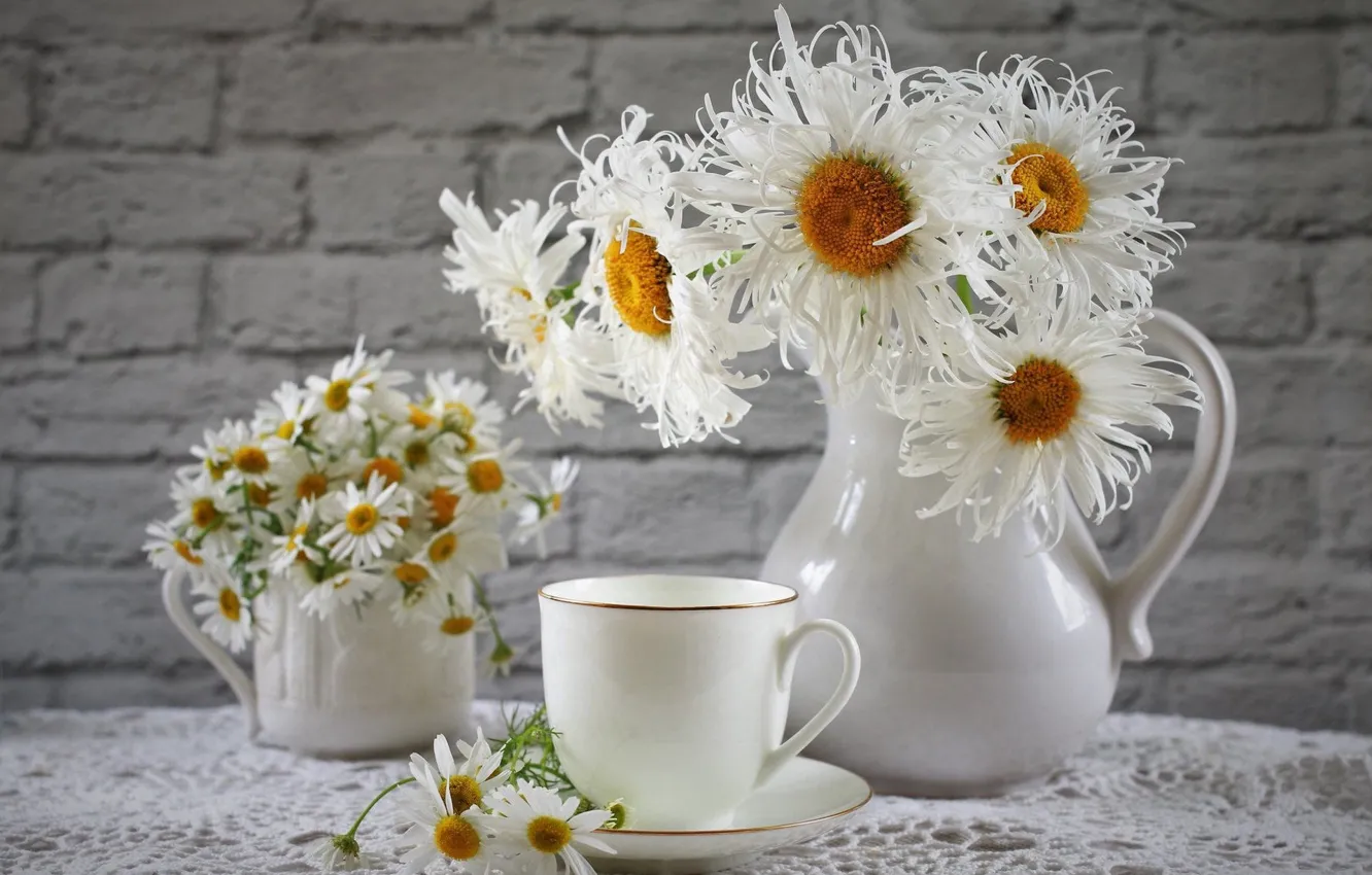 Фото обои белый, цветы, стена, ромашки, букет, кружка, чашка, посуда