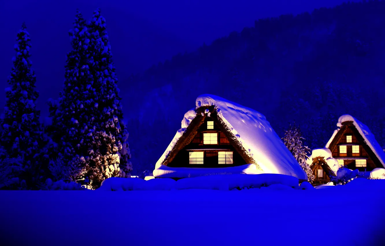 Фото обои зима, свет, снег, деревья, горы, дома, ели, домики