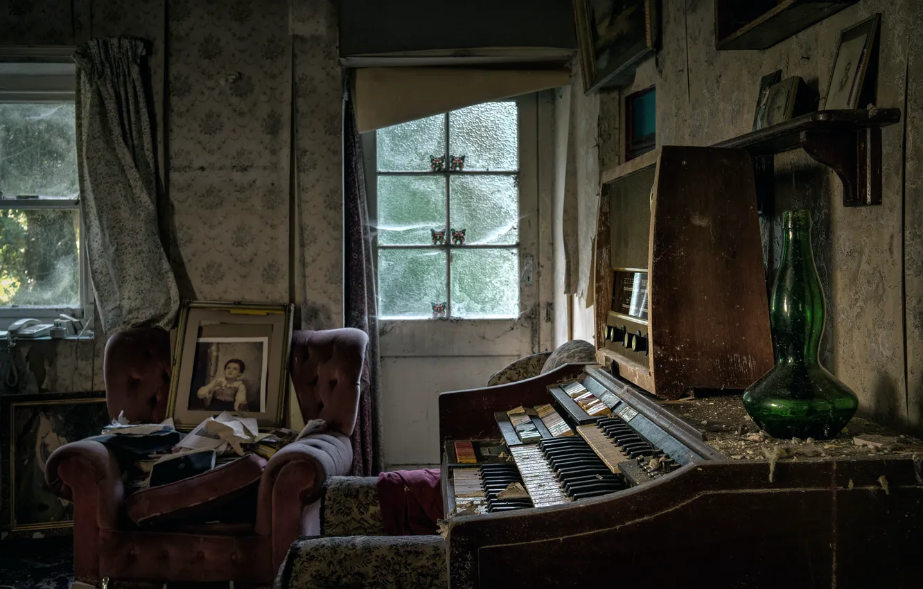 Фото обои клавиши, орган, пыль, комната, abandoned house