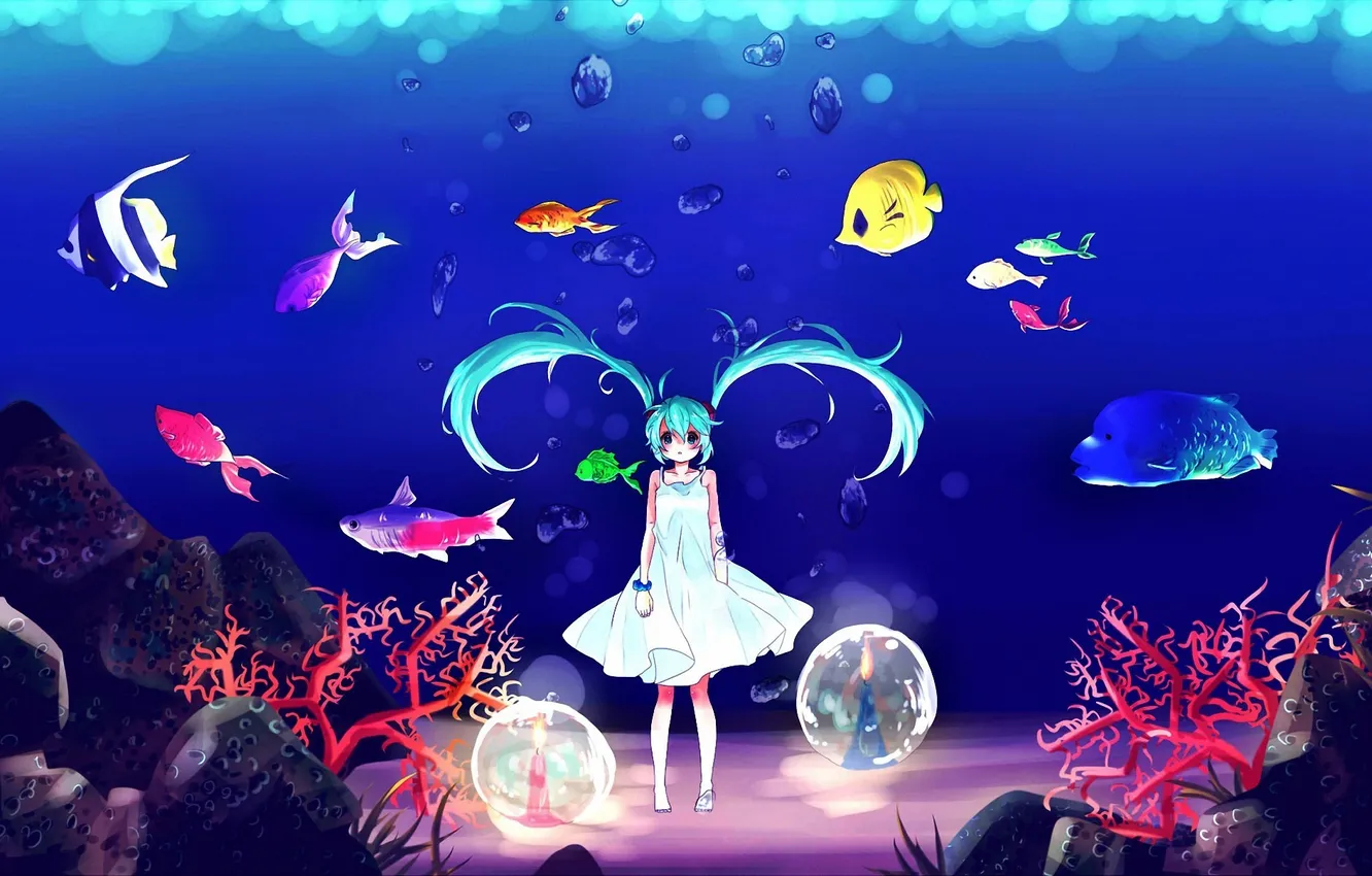 Фото обои рыбки, рыбы, пузырьки, арт, девочка, кавай, vocaloid, hatsune miku