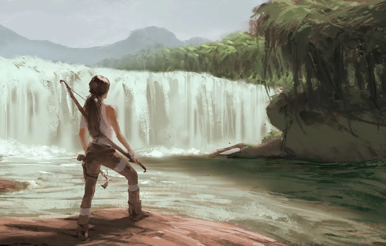 Фото обои девушка, остров, водопад, лук, арт, лара крофт, Lara Croft, Tomb raider