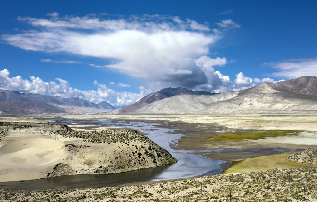 Фото обои Sky, Mountain, Tibet, Bum Chu River