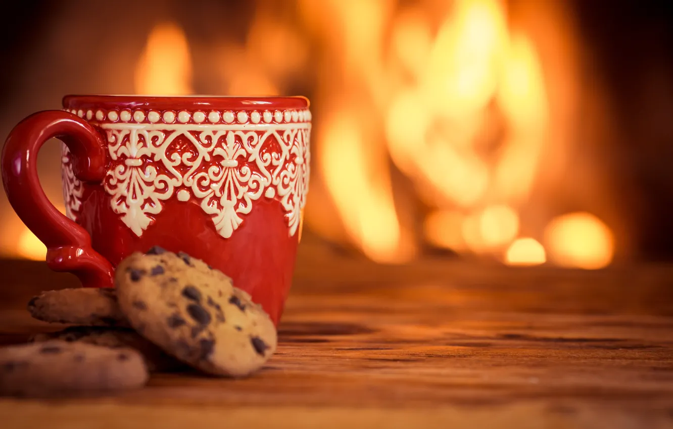 Фото обои зима, кофе, горячий, печенье, чашка, fire, камин, cup
