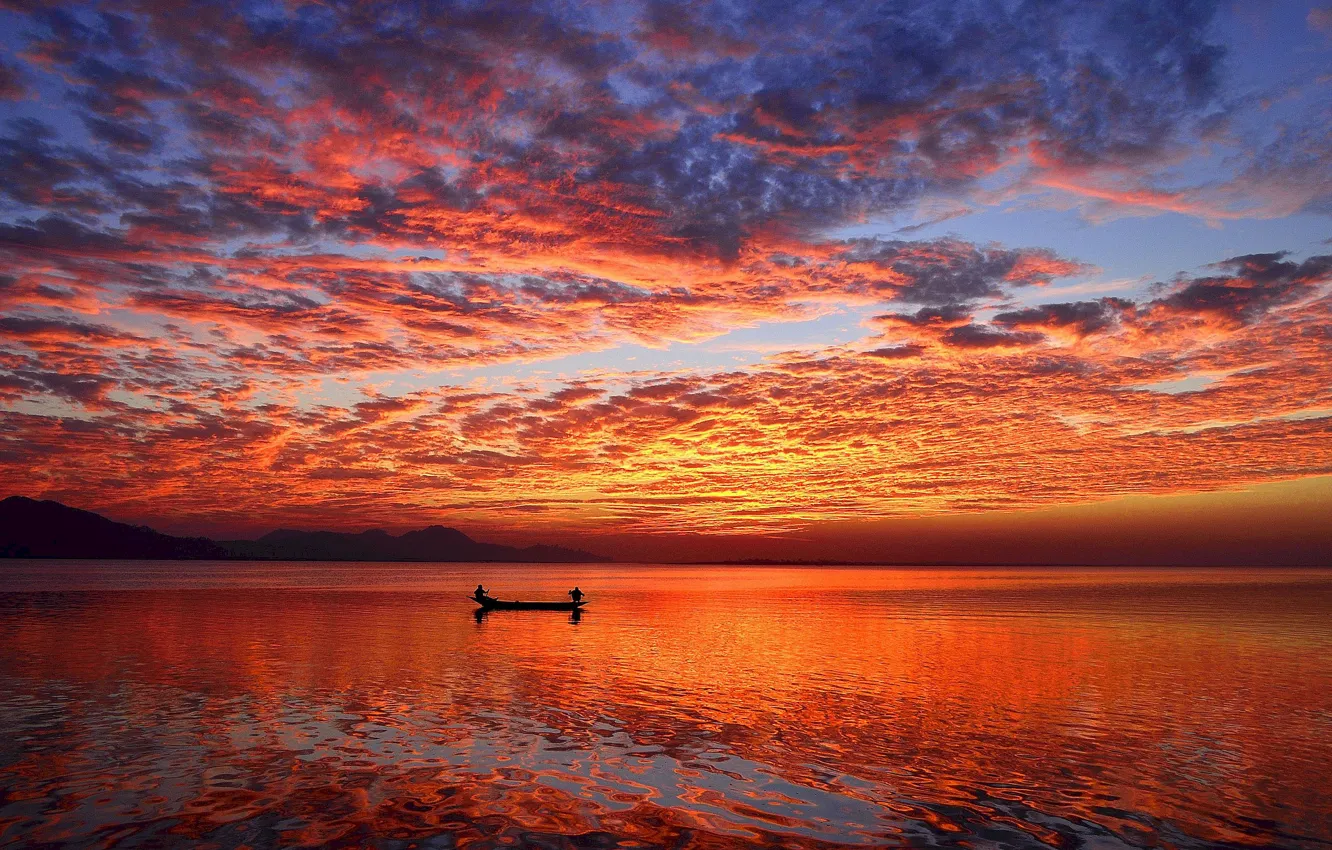 Фото обои отражение, лодка, красота, простор, sunset, закат солнца, beauty, reflection