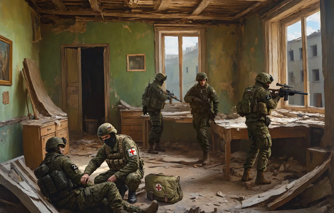 Фото обои Война, Солдаты, Квартира, Россия, Арт, Украина, Снайпер, Врачи