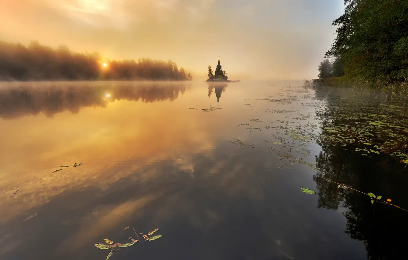Фото обои осень, храм, Россия, Вуокса, озёрно-речная система