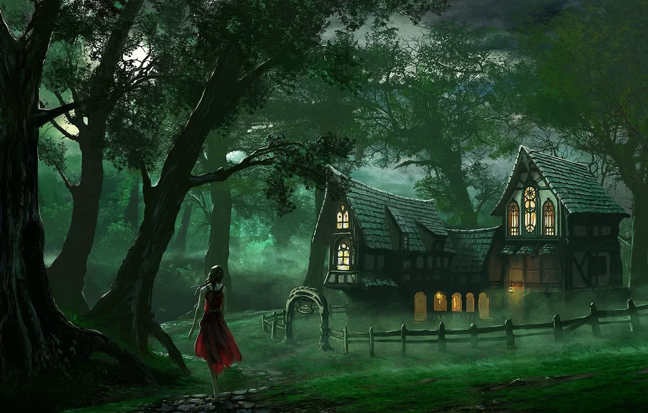 Фото обои лес, девушка, дома, арт, дорожка, домик, красное платье, edli