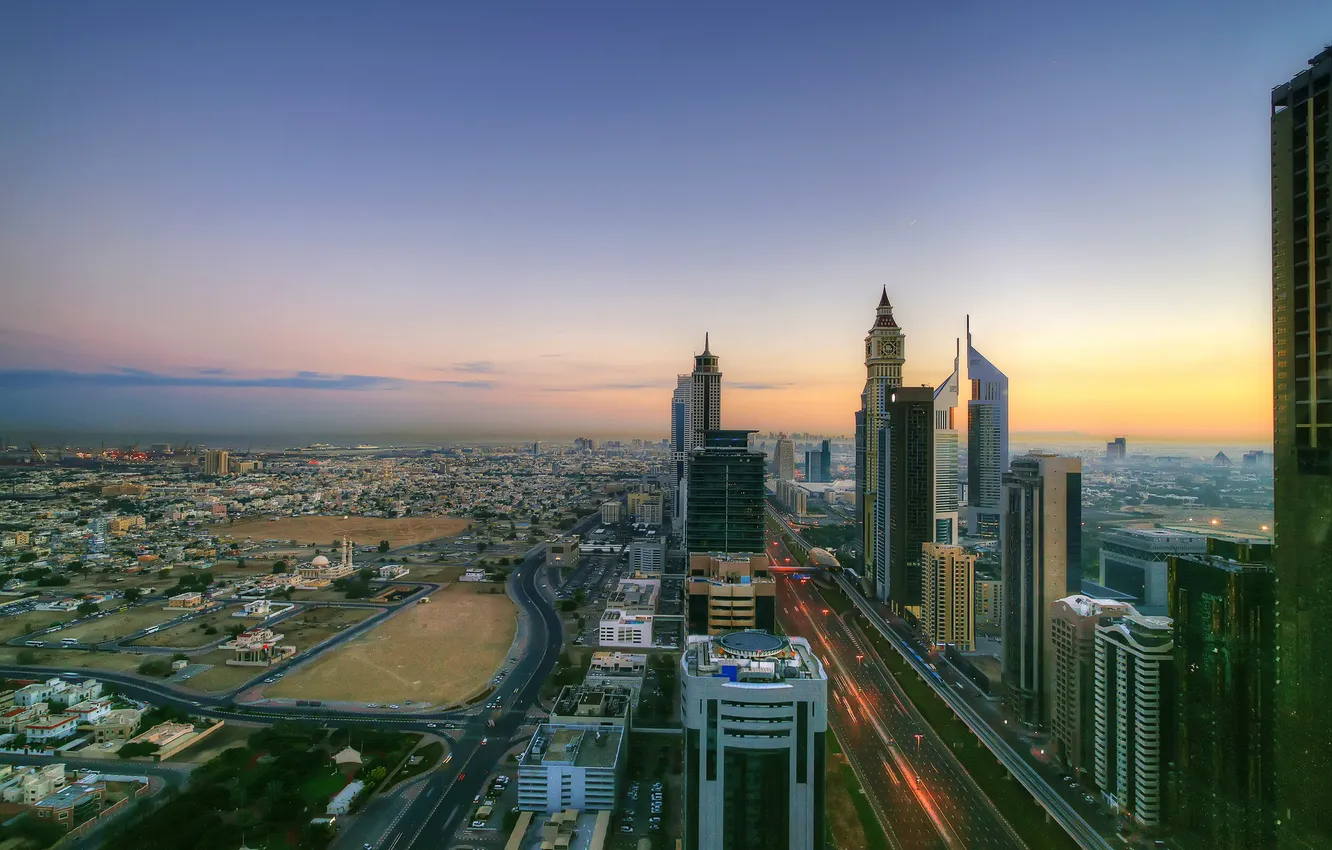 Фото обои огни, рассвет, утро, Дубаи