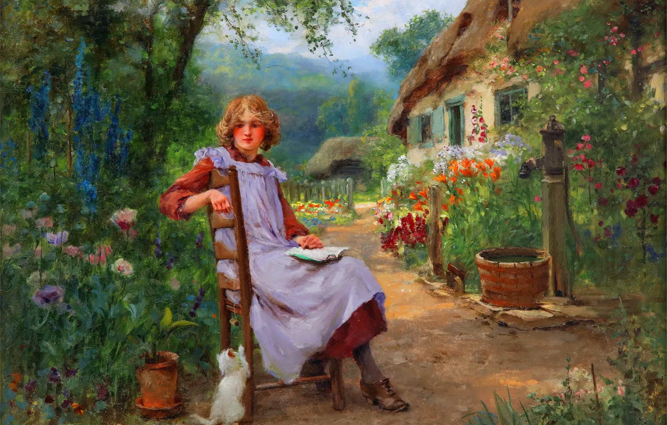 Фото обои Цветы, Девушка, Котенок, Дом, Картина, Стул, Henry John Yeend King, Британский художник