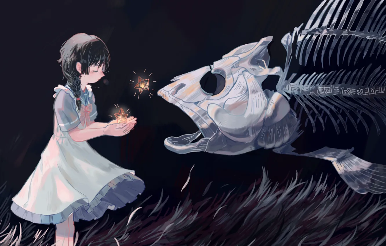 Фото обои трава, звезды, ночь, рыба, фэнтези, скелет, девочка