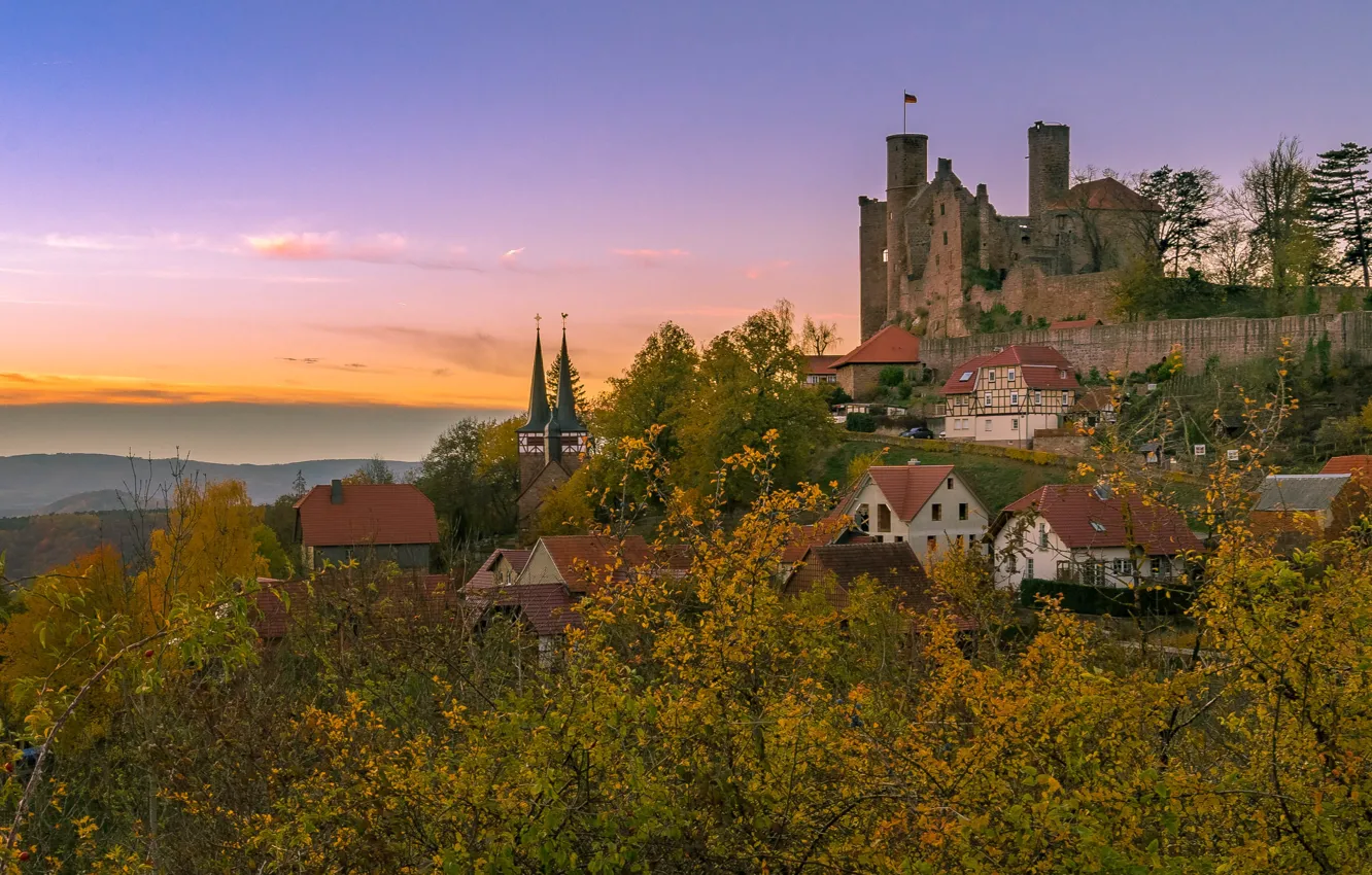 Фото обои осень, пейзаж, закат, дома, вечер, Германия, крепость, Burg Hanstein