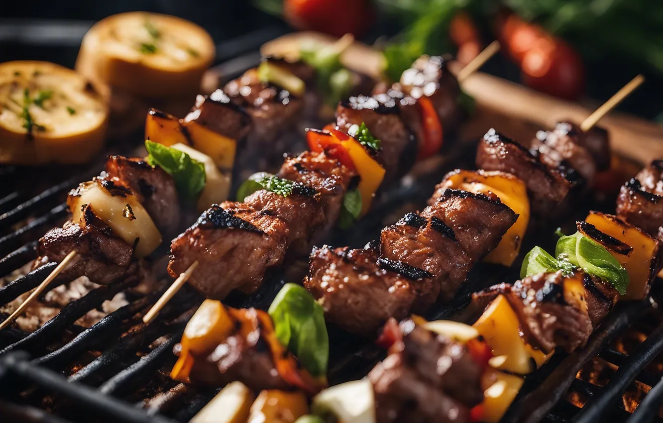Фото обои решетка, мясо, кусочки, овощи, шашлык, шампуры, шашлыки, шампура