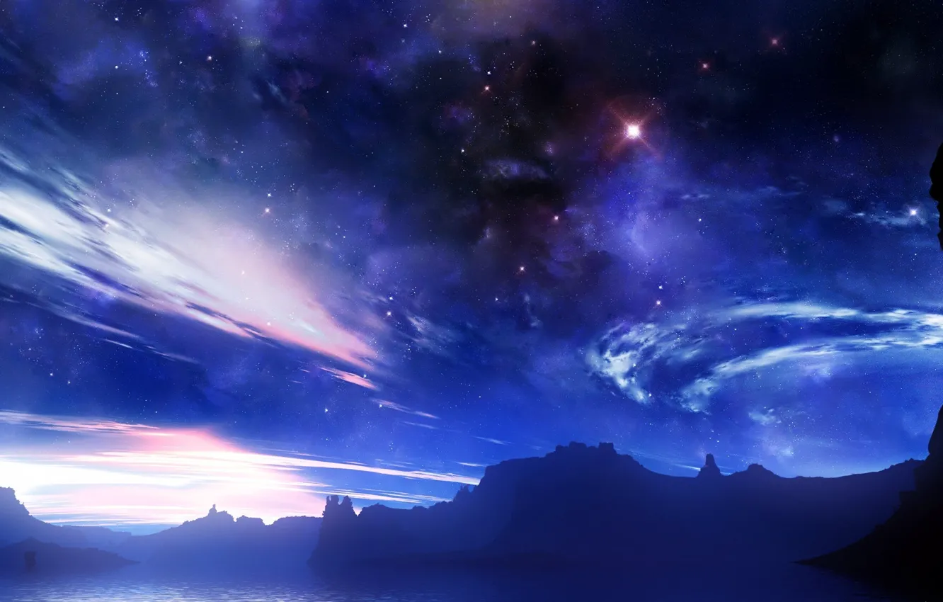Фото обои небо, космос, звезды, облака, огни, туман, сияние