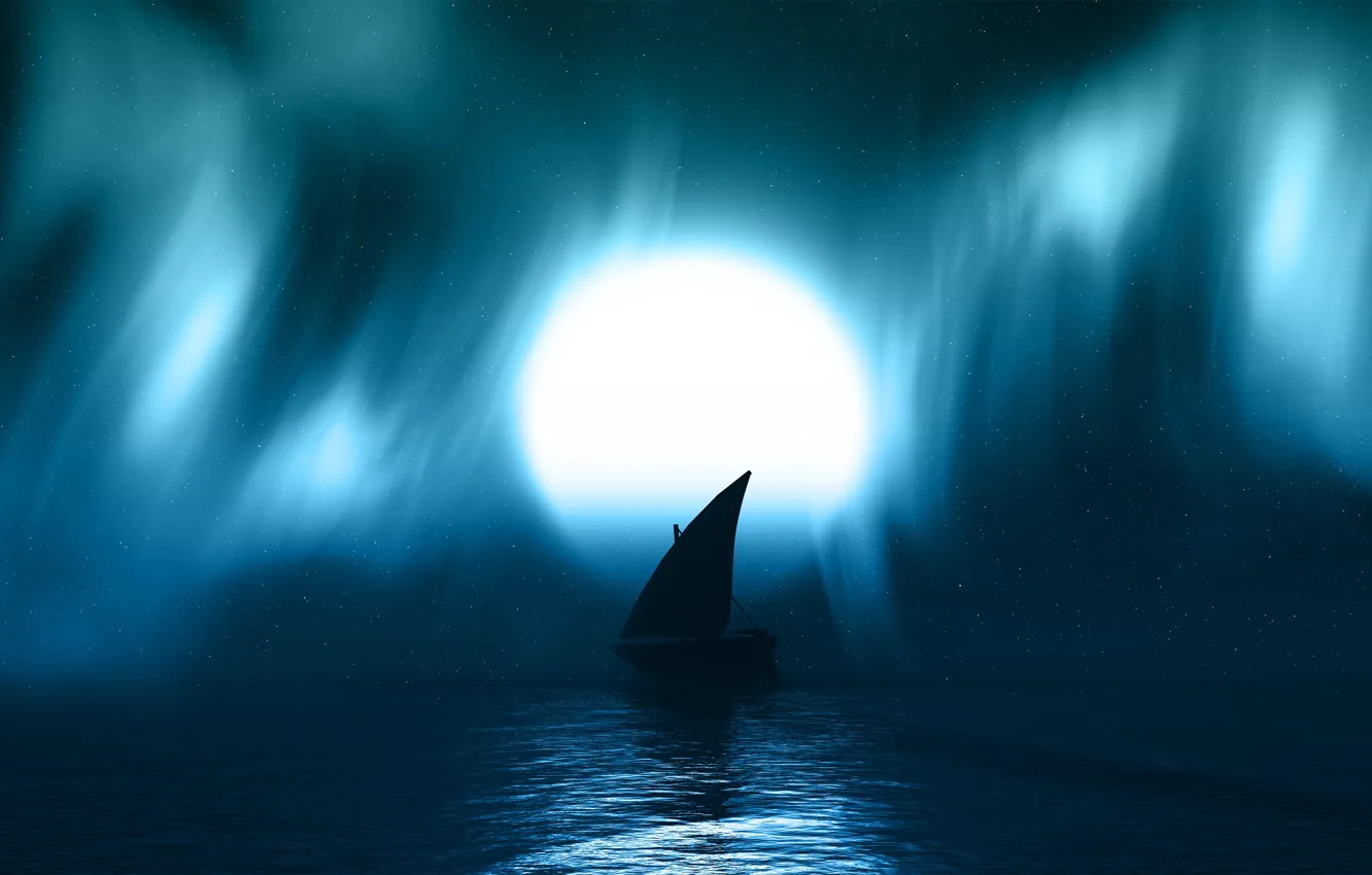 Фото обои dark, moon, blue, night, full hd, boat, watter