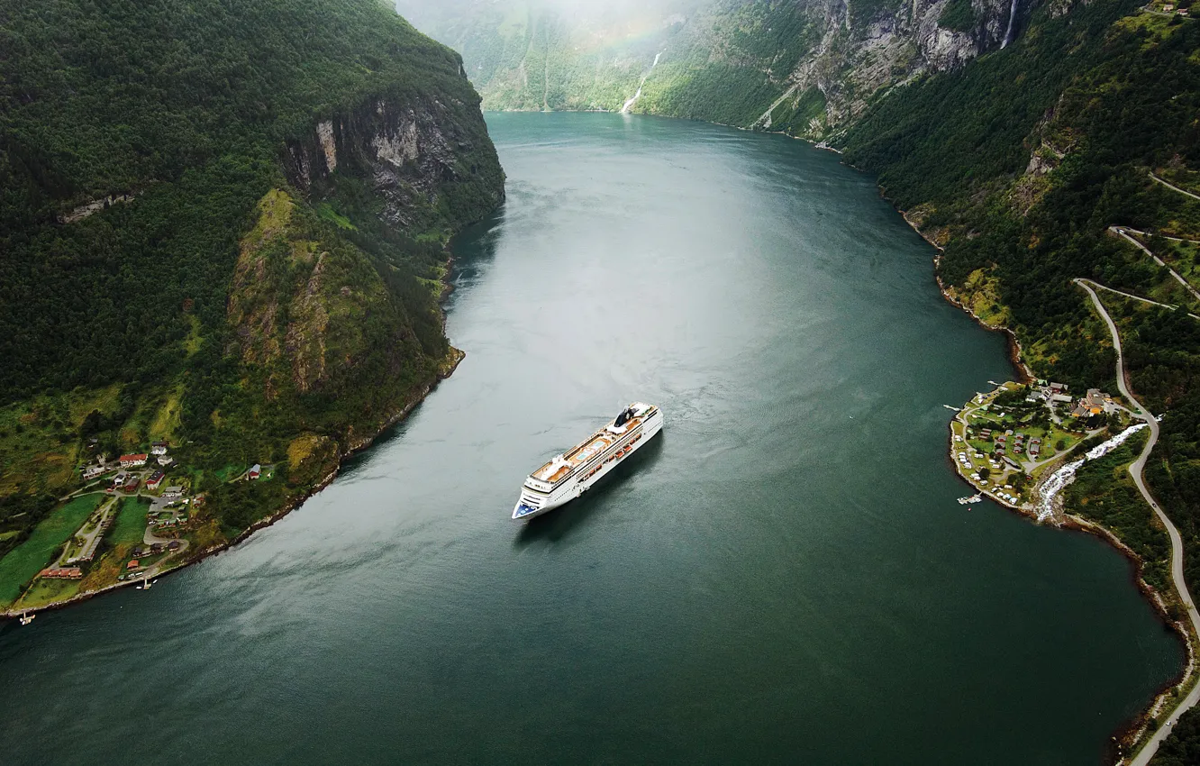 Фото обои лодка, норвегия, фьорд