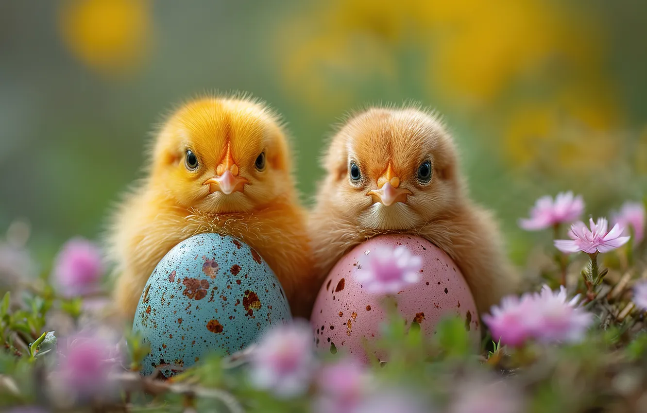 Фото обои цветы, цыплята, яйца, весна, colorful, Пасха, happy, flowers