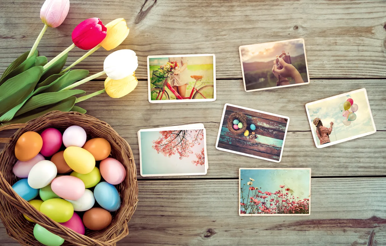 Фото обои цветы, фото, яйца, весна, colorful, Пасха, тюльпаны, wood