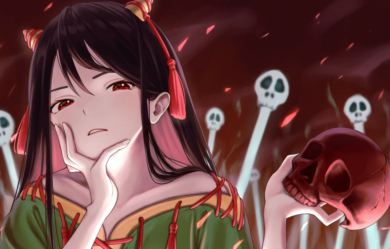 Фото обои девушка, дым, демон, фэнтези, искры, черепа, Touhou Project, Zanmu Nippaku
