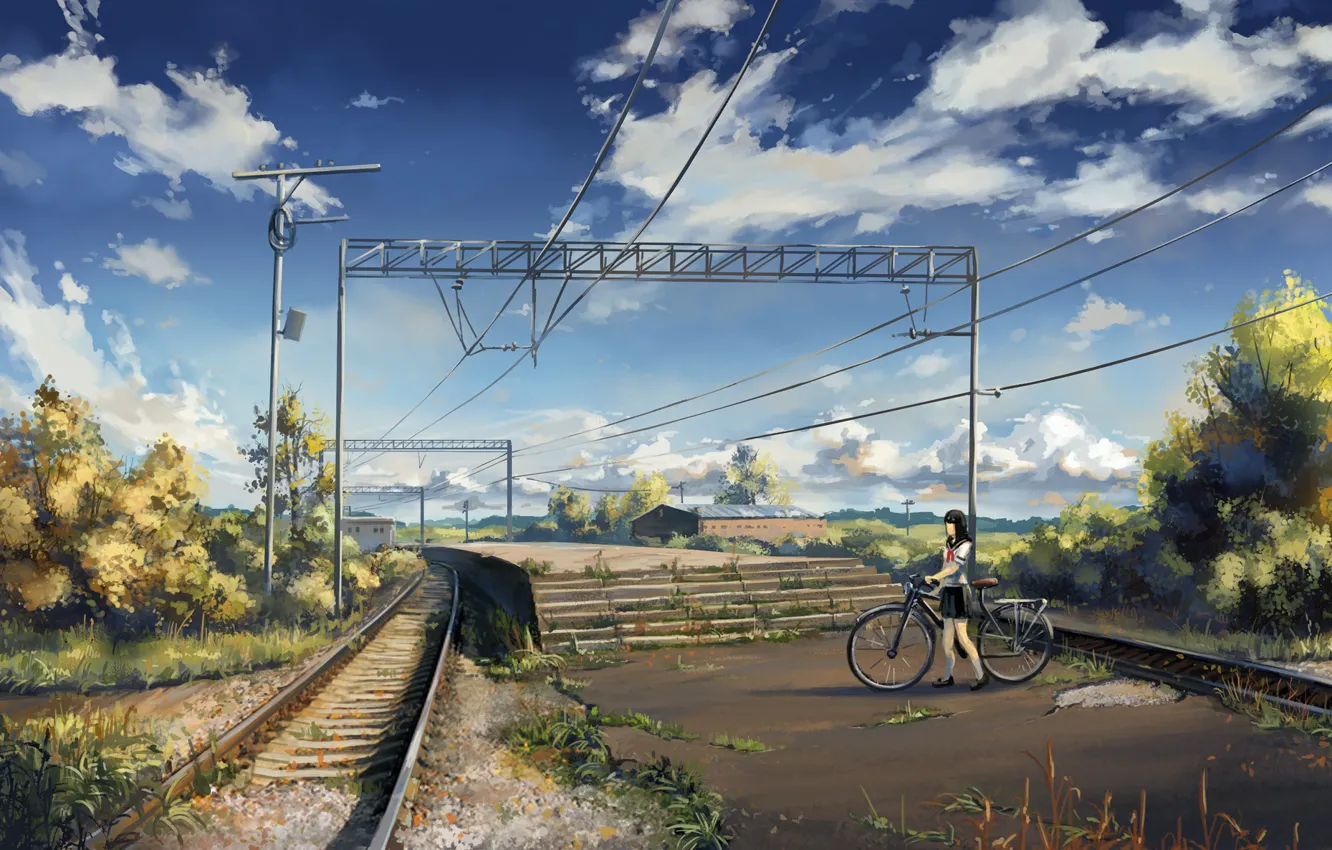 Фото обои небо, асфальт, облака, велосипед, столбы, провода, рельсы, станция
