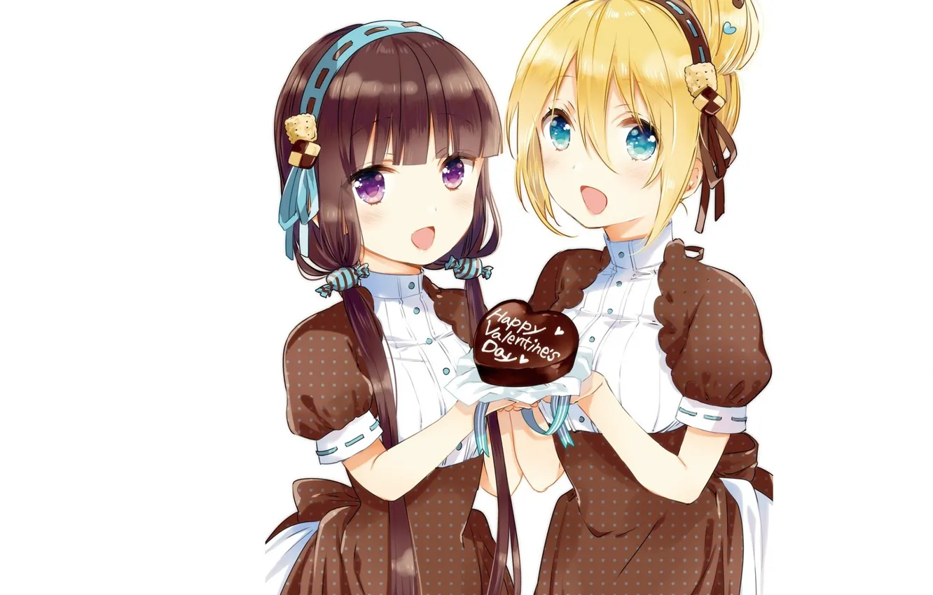Фото обои белый фон, голубые глаза, подруги, ободок, чёлка, шоколадный торт, две девочки, happy valentine's day
