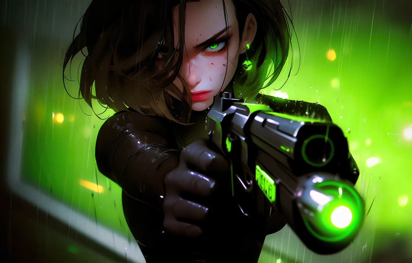 Фото обои пистолет, оружие, брюнетка, gun, pistol, green eyes, зеленые глаза, brunette