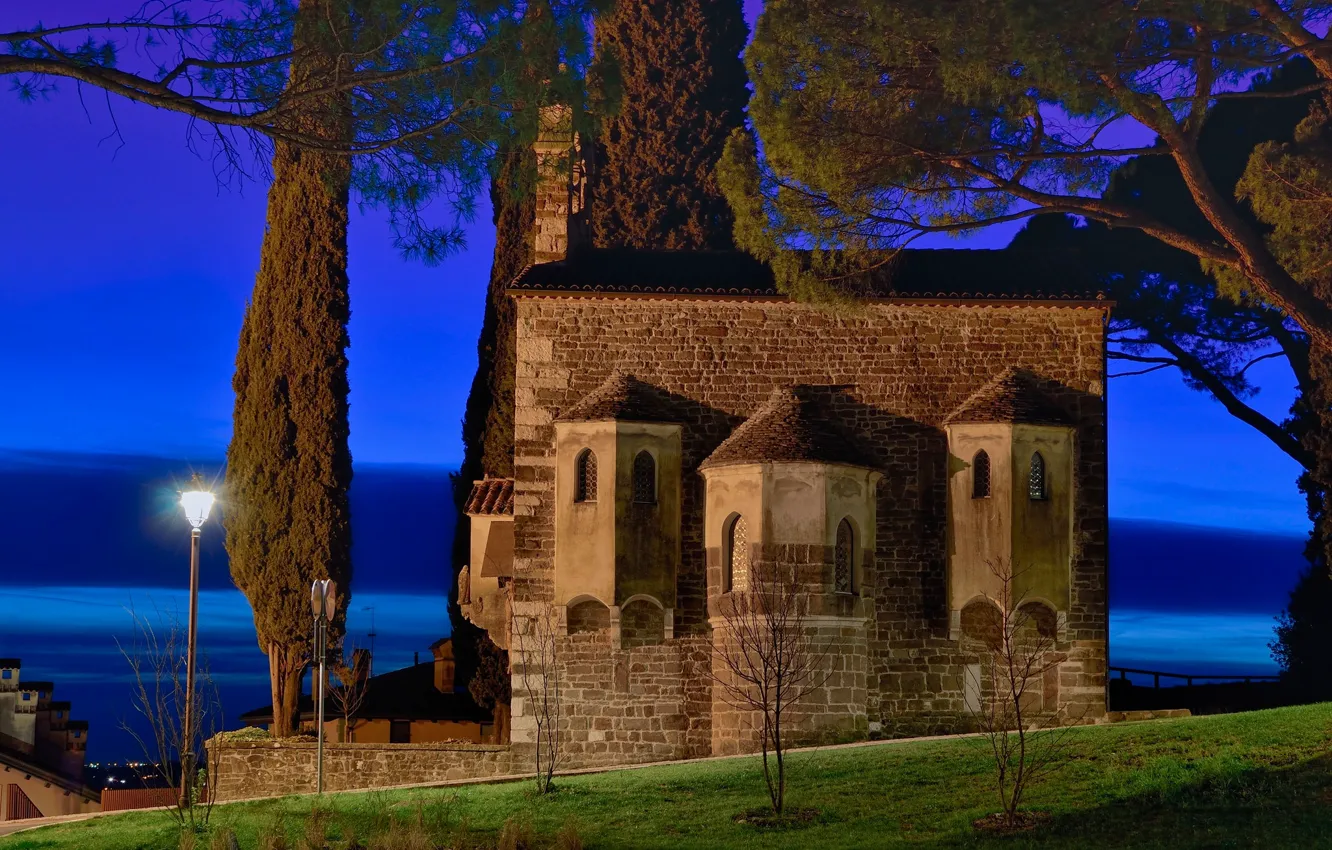 Фото обои деревья, ночь, огни, Италия, базилика, Гориция