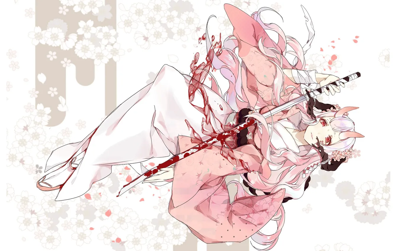 Фото обои цветы, узор, кровь, катана, лежит, рога, кимоно, красные глаза