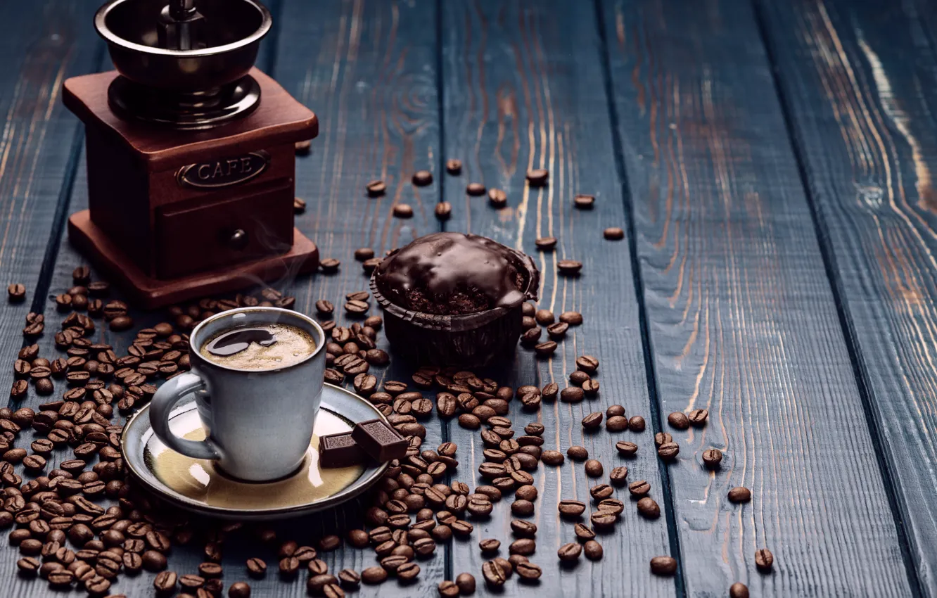 Фото обои кофе, шоколад, пирожное, кофейные зерна, кекс, чашка с блюдцем