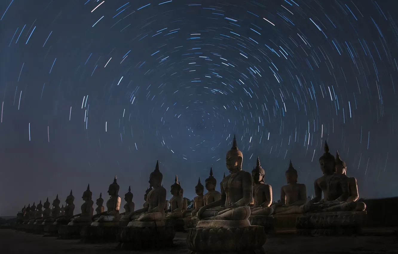 Фото обои звезды, ночь, Таиланд, круговорот, статуи, Будды