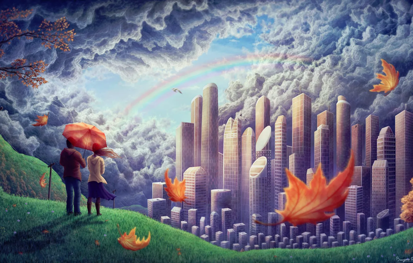 Фото обои девушка, облака, птицы, город, ветер, листва, радуга, холм