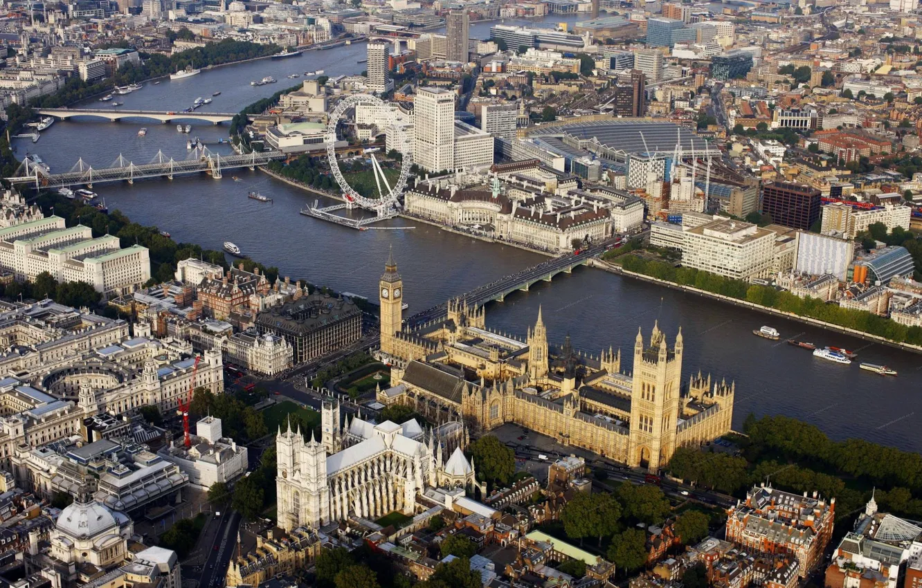 Фото обои мост, река, лондон, колесо, панорама, темза, парламент, биг бэн
