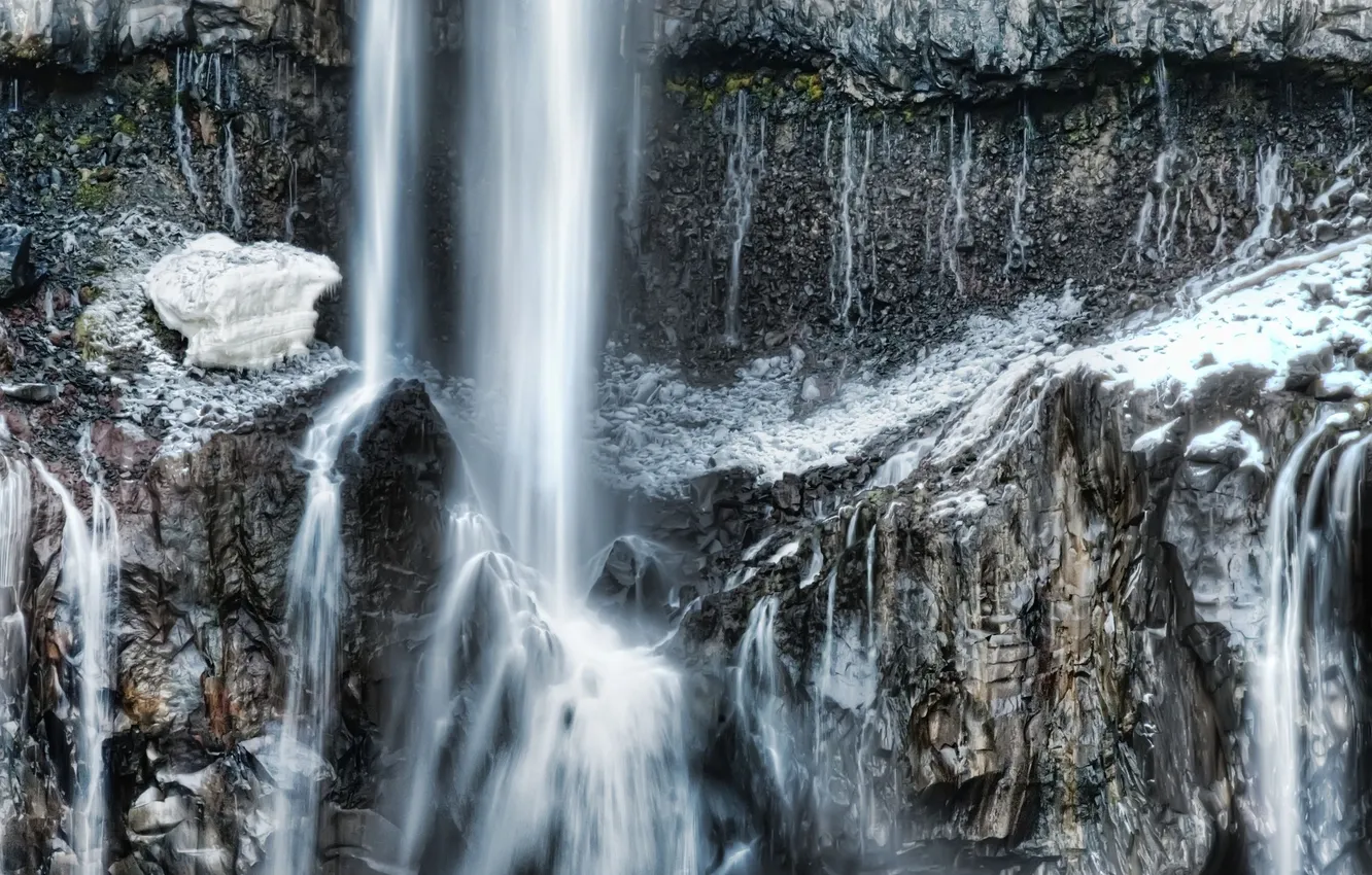 Фото обои зима, скала, водопад