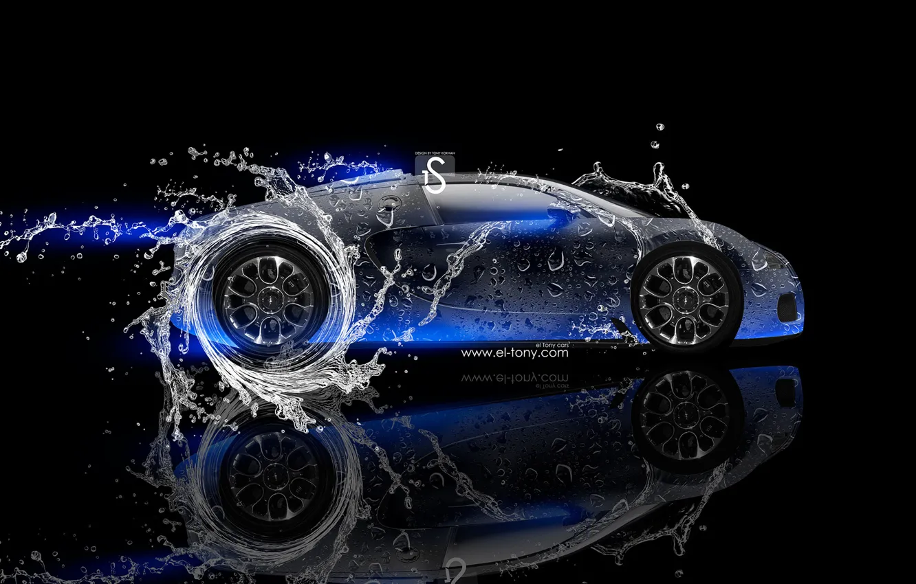 Фото обои Вода, Неон, Bugatti, Вейрон, Голубой, Veyron, Blue, Photoshop