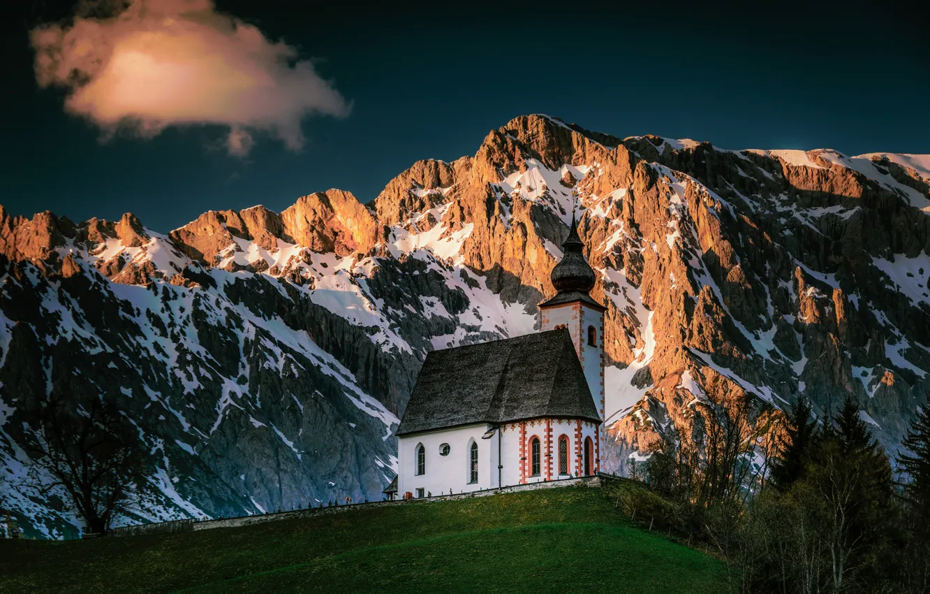 Фото обои горы, Австрия, Альпы, церковь, Austria, Alps, Церковь Святого Николая, Динтен