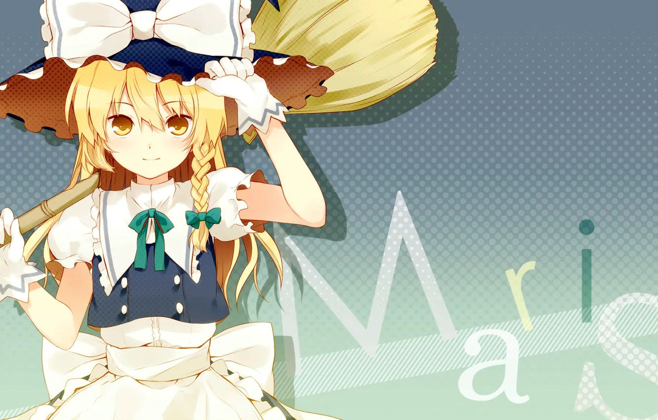 Фото обои шляпа, перчатки, коса, метла, бант, touhou, kirisame marisa