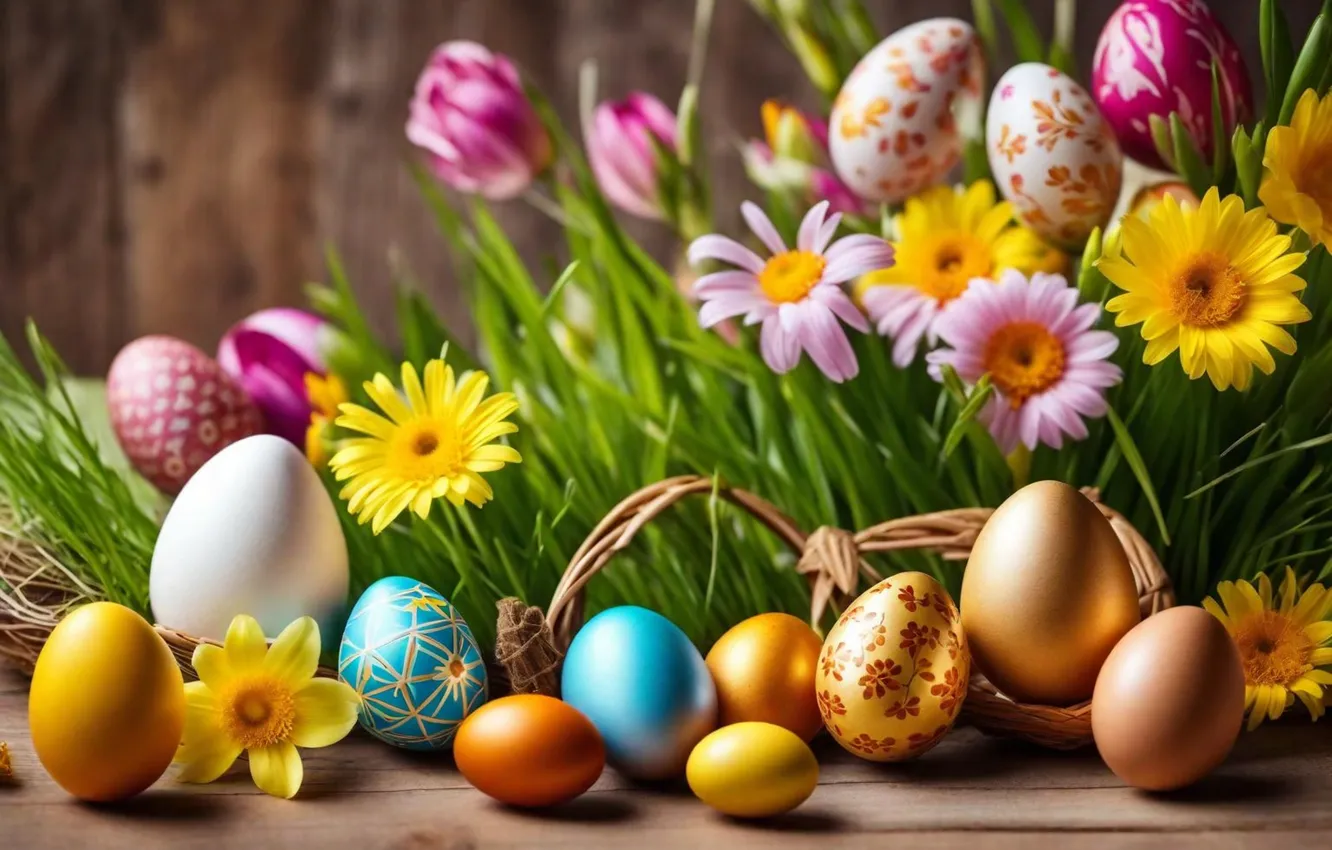 Фото обои цветы, яйца, весна, colorful, Пасха, happy, flowers, spring