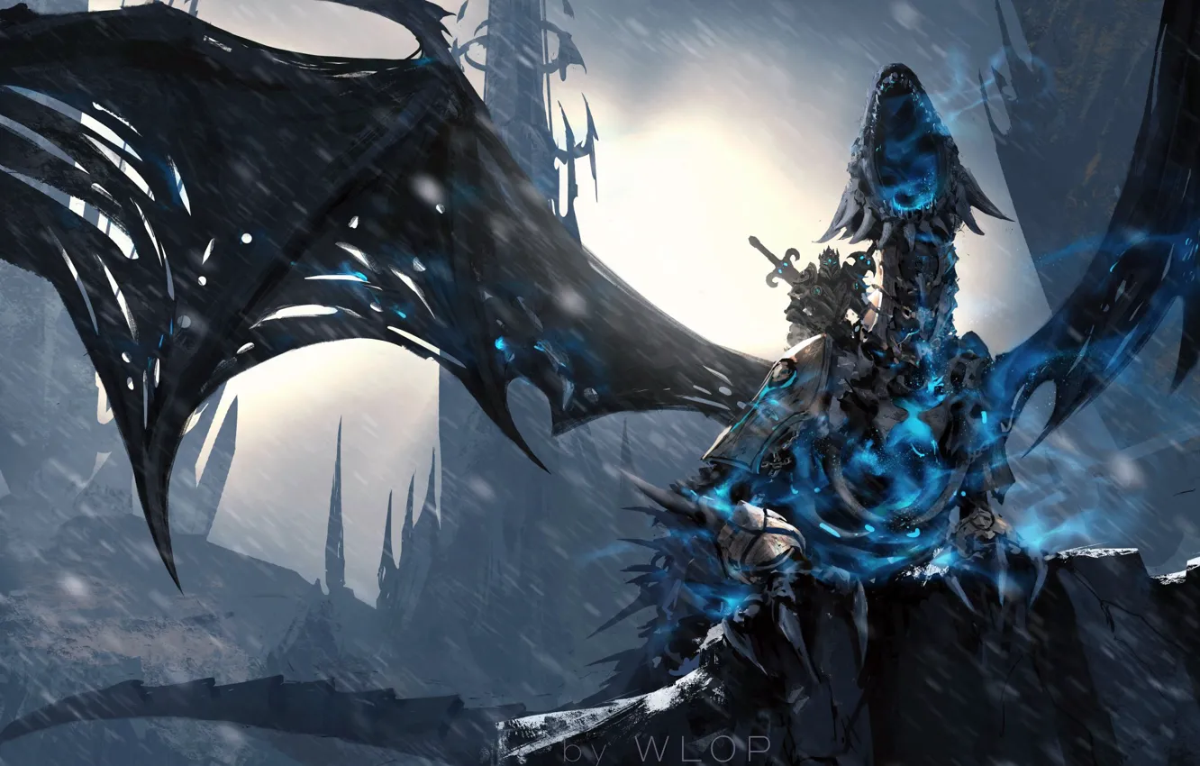 Фото обои World of Warcraft, fantasy, Lich King, game, Warcraft, rain, armor, wings