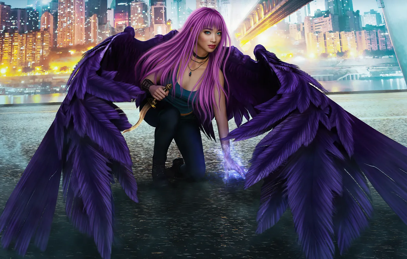 Фото обои девушка, волосы, крылья, ангел, кинжал