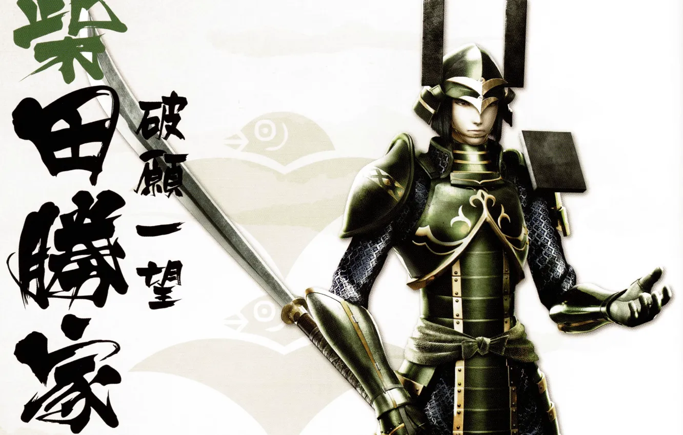 Фото обои оружие, доспехи, самурай, иероглифы, шлем, samurai, Sengoku Basara, Katsuie Shibata