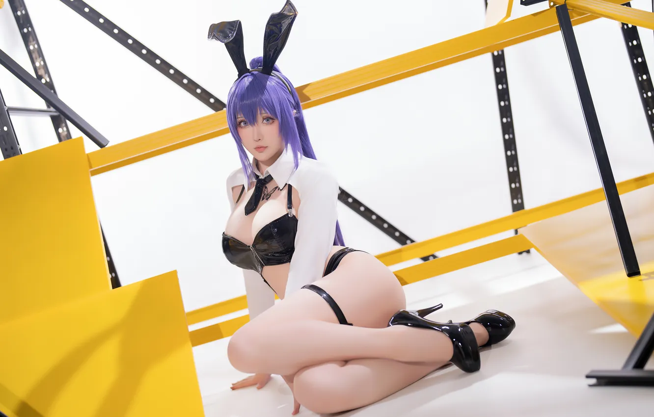 Фото обои long hair, blue eyes, model, women, cosplay, lying down, blue hair, bunny girl