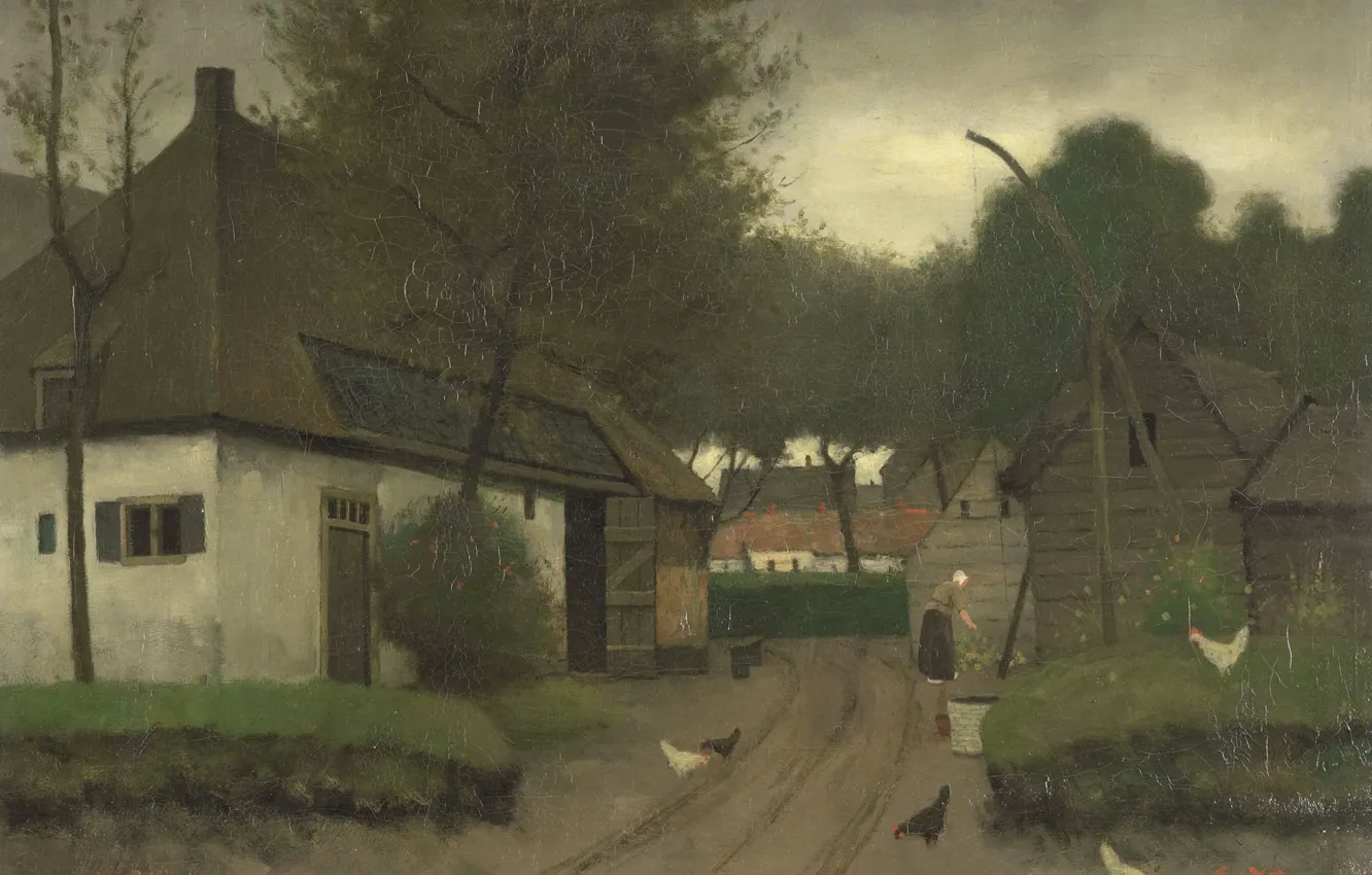 Фото обои пейзаж, масло, картина, холст, 1900, Иоганн Эдуард Карсен, Eduard Karsen, Крестьянская усадьба