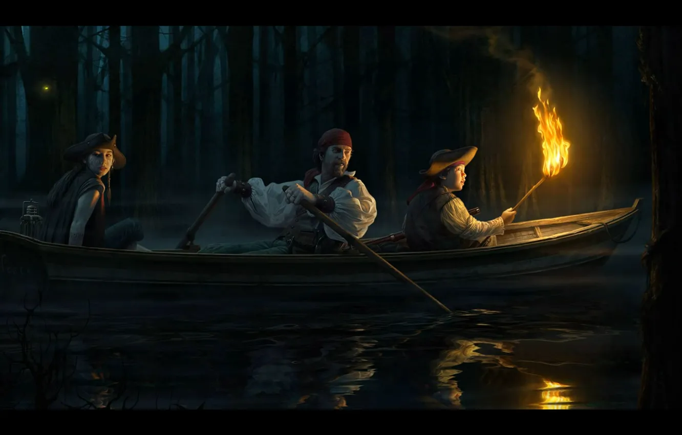 Фото обои вода, девушка, ночь, фантастика, лодка, темно, фэнтези, пират