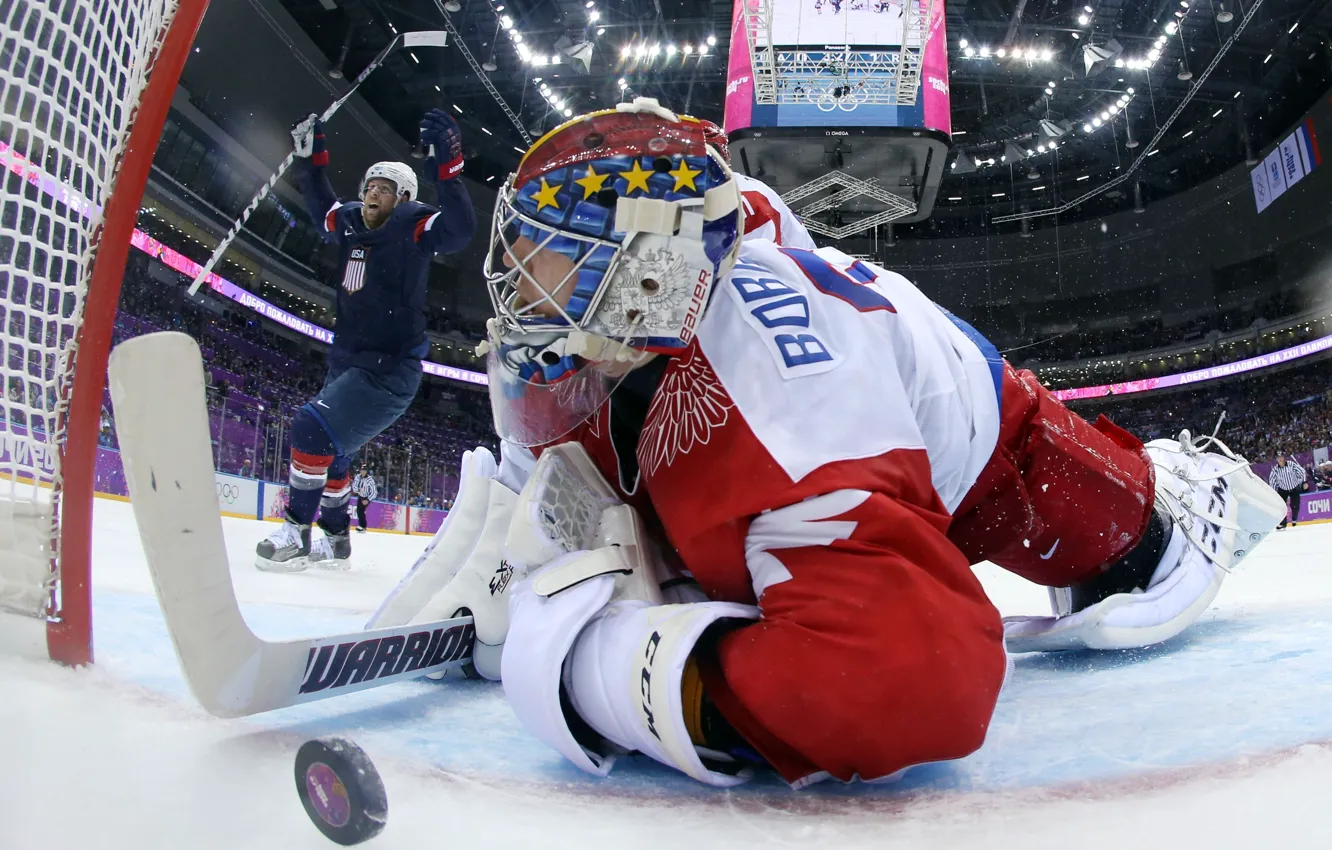 Фото обои USA, United States, Russia, games, Olympic, goal, 2014, Hockey