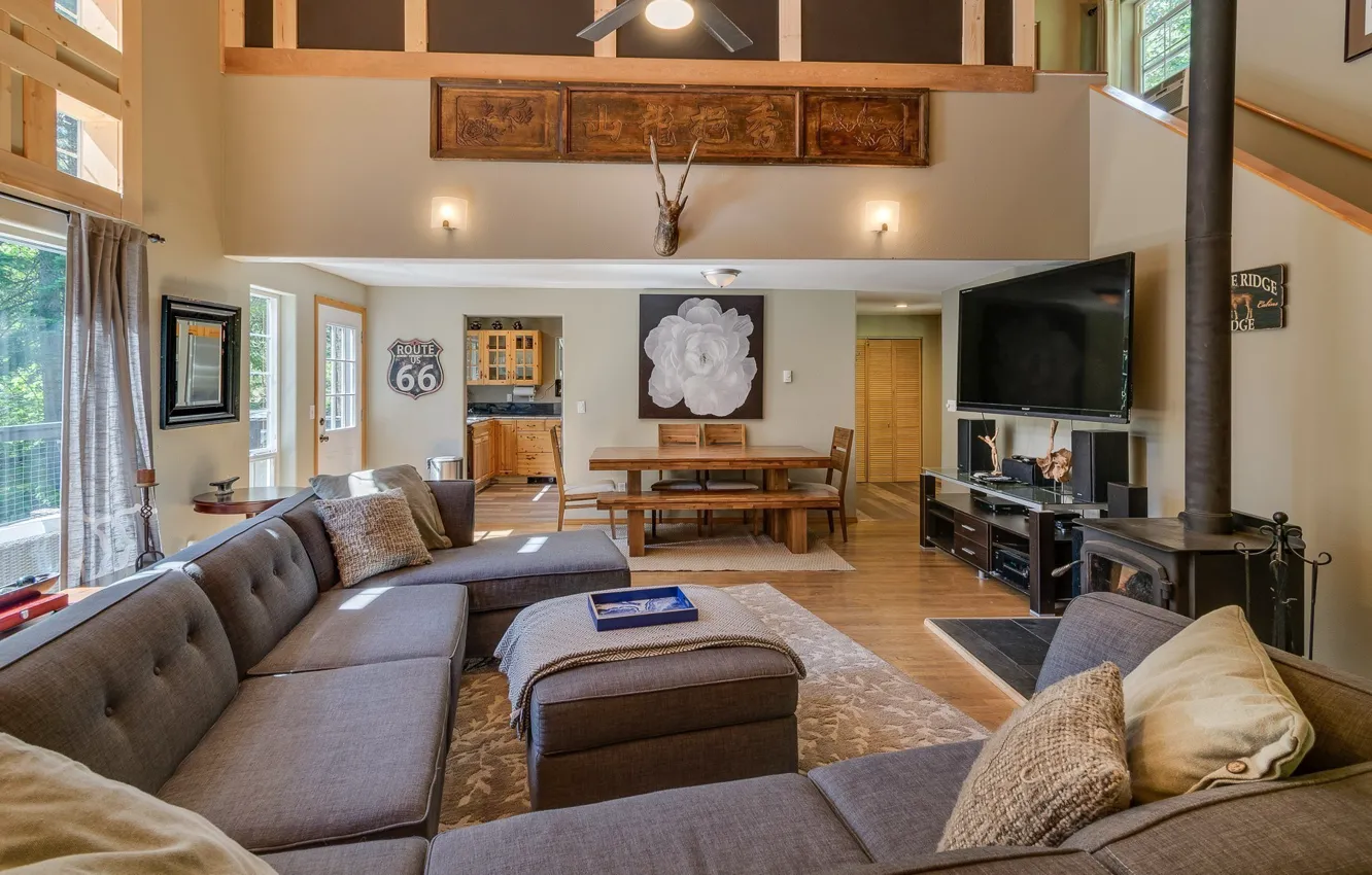 Фото обои интерьер, кухня, камин, гостиная, столовая, ранчо, деревенский дом, The Rustic at Lake Wenatchee
